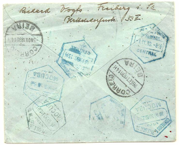 1563 f.jpg -     Lote:    1563 (frente)            Moçambique       Descrição:         Carimbos circulares datados e hexagonais. Sobrescrito circulado da Alemanha para Quelimane (01.10.30) várias vezes reendereçado. Carimbos hexagonais a azul de QUELIMANE e MOCUBA + preto de MOCUBA + circulares da BEIRA. B.        Carta       Valor Base:     &euro; 20,00     Valor Venda:     Retirado     